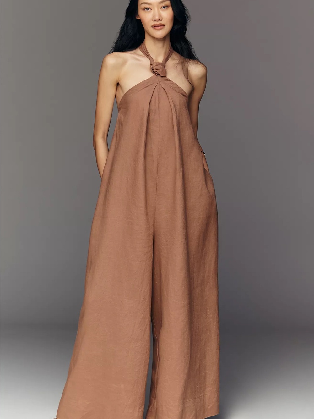NWT Anthropologie 100% linen halter neck wide leg jumpsuit wild mushroom tan S